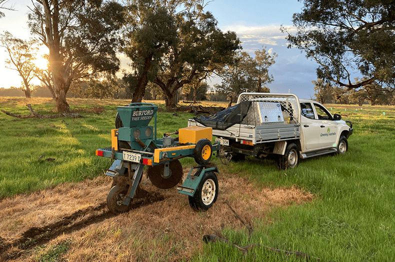 A ute with the Greening Australia logo pulls a tree seeder, making a furrow across a green paddock, surrounded by older gum trees.