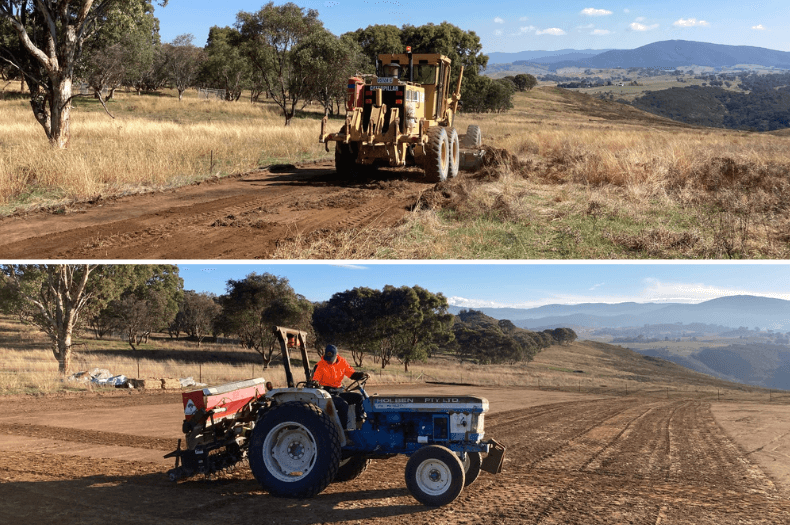 Two photos showing the Scrape and Sow technique in action. The top photo shows a machine scraping the top layer of soil and vegetation away in a paddock. The bottom photo shows the bare earth being sown by a tractor pulling a specialised seeder.